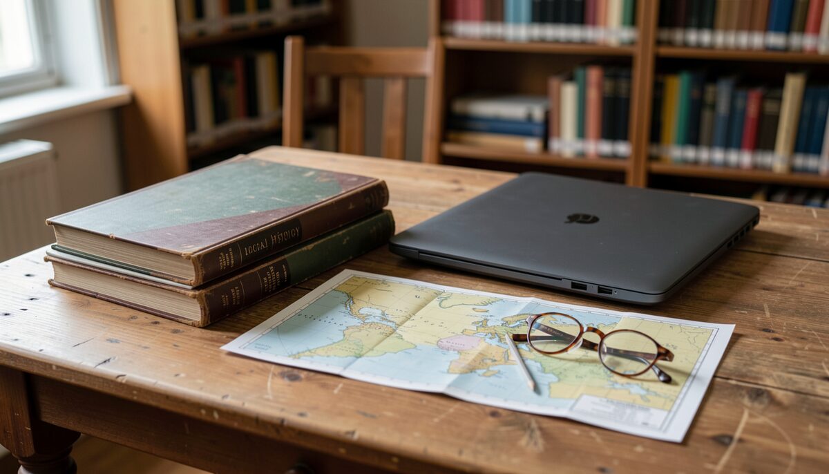 Local history research starts with notes, maps and careful source checking. Illustrative image, generated with AI.