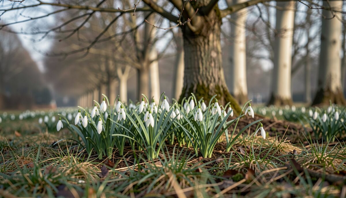Snowdrops colonising the ground under bare winter trees. Illustrative image, generated with AI.